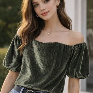 Guess Off Shoulder Velvet Corduroy Top Corset Bustier Lined Green Puff Sleeve S